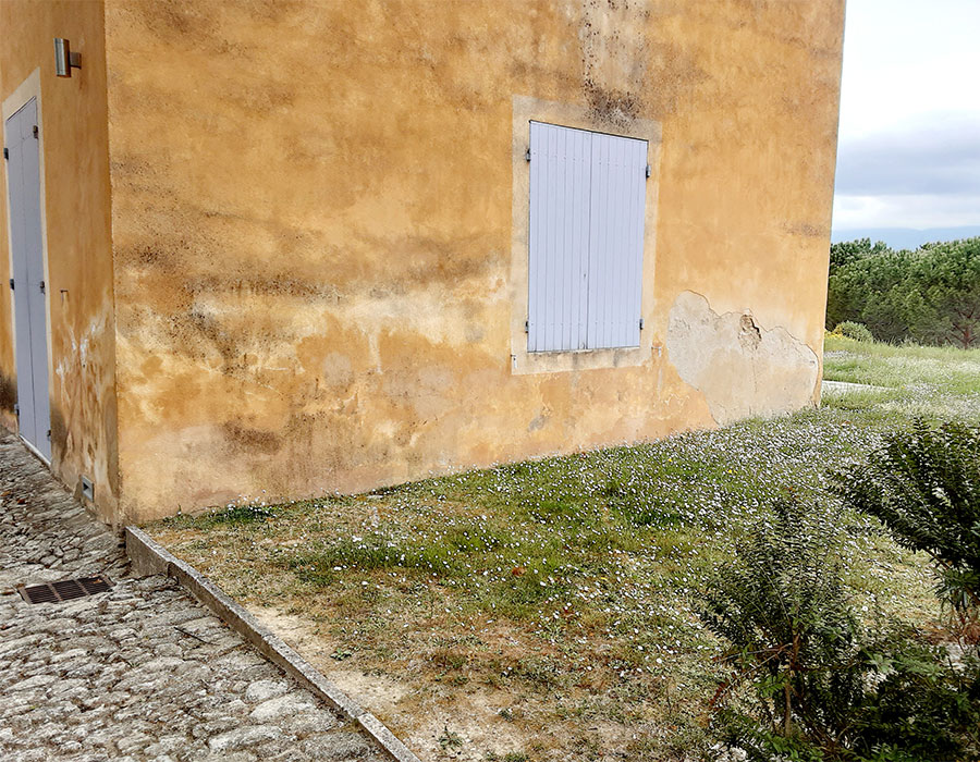 Humidité en bas d'un mur extérieur avec décolement du revêtement de façade